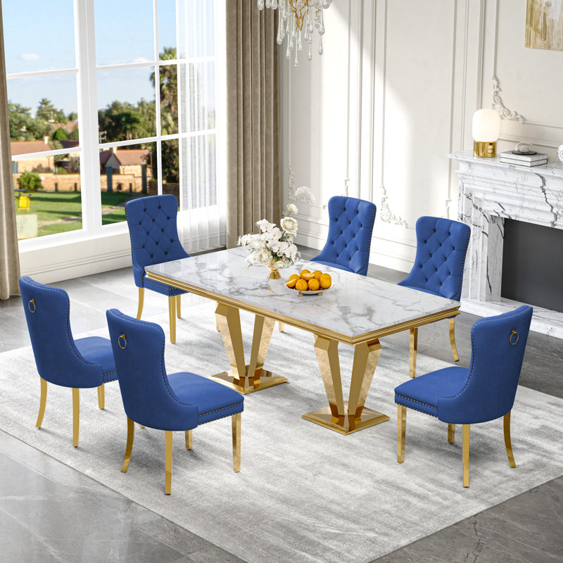 7-Piece Dining Table Set, Marble Veneer MDF Table with 6 Velvet Dining Chairs – Modern Dining Set for 6, White/Gold/Blue/Gold