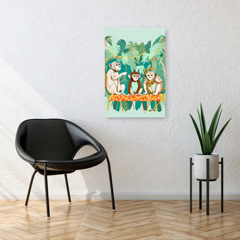 Trio de singes de la jungle, palmier abstrait, singe, serpent, paysage, nature, affiche murale, H 36 po x l 24 po