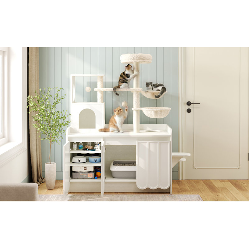 Arbre à chat 50,6 po avec bac à litière, tour pour chat avec poteau à griffes en sisal et espace de rangement