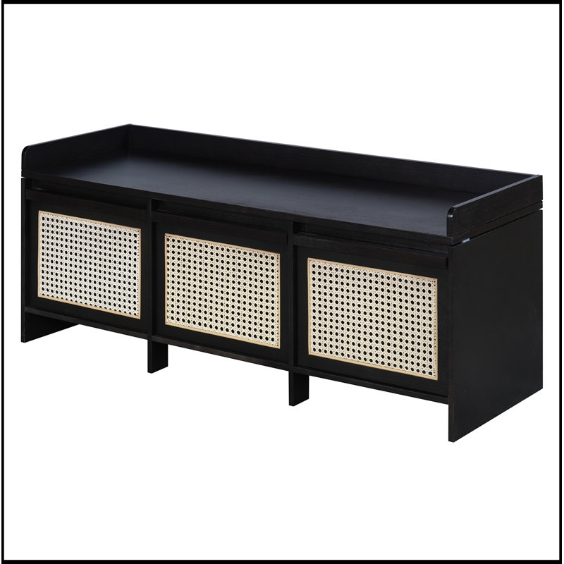 Banc de rangement avec tiroirs en rotin et bouton amovible, Noir
