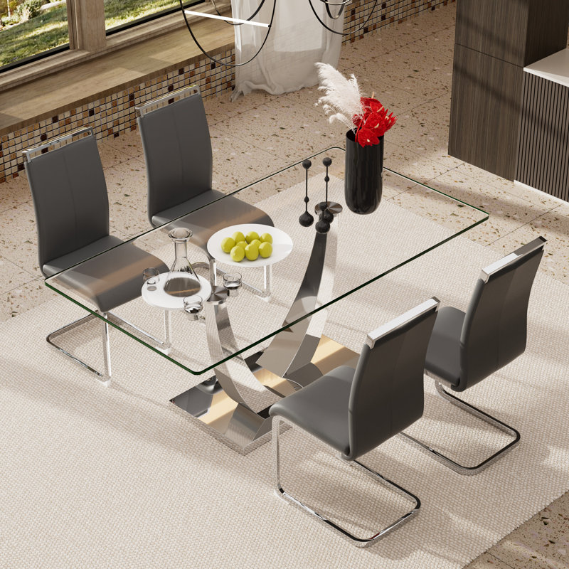 Ensemble de table de salle à manger en verre avec chaises rembourrées en polyuréthane 4/6, base en forme de corne pour la cuisine moderne