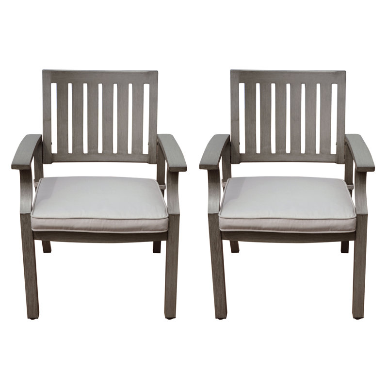  Chaises de salle à manger d'extérieur modernes en aluminium avec coussins résistants à l'eau, dossier à lattes, gris foncé, ensemble de 2