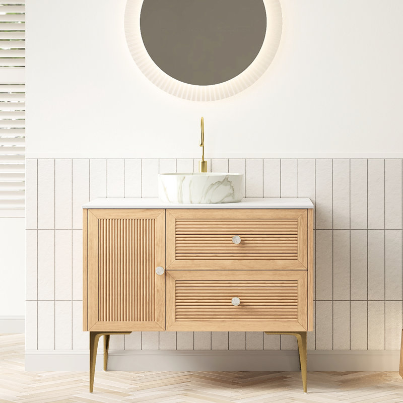 Meuble-lavabo 36 po en chêne, lavabo en céramique de haute qualité et système de fermeture en douceur avec tiroirs blancs préassemblés