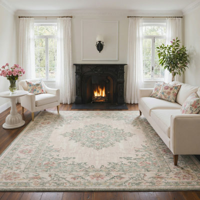 Airville Vintage Medallion French Country Sage Area Rug, & Traditional Elegance, Machine Washable, Inspired Faux Wool - High-Rebound Foam & Non-Slip Backing