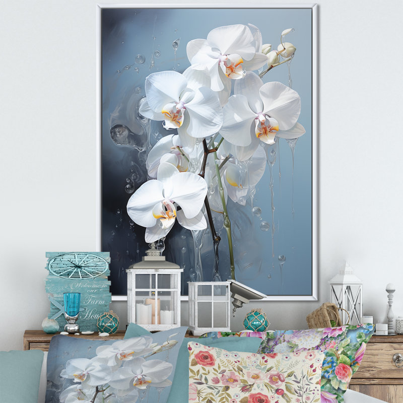 Orchidée bleue et blanche sur fond de tranquillité, H 32 po x l 24 po x P 1 po, Cadre flottant blanc