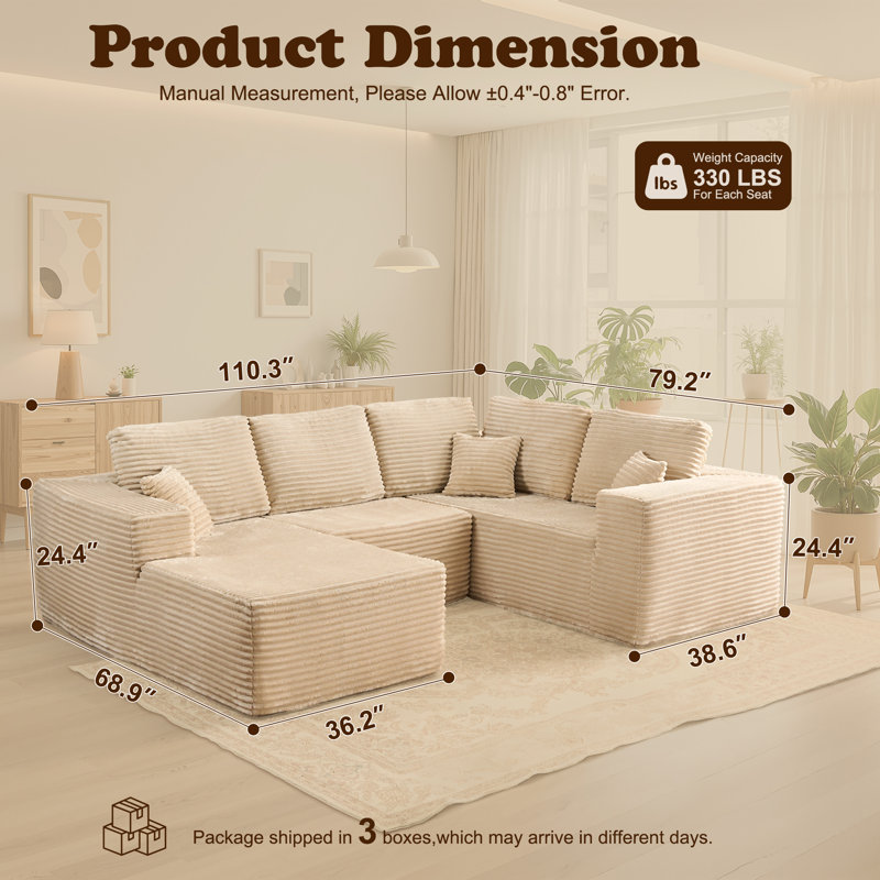 Cloudelle 3-Piece U-Shaped Plush Corduroy Sectional Sofa – No Assembly Required, Beige Corduroy