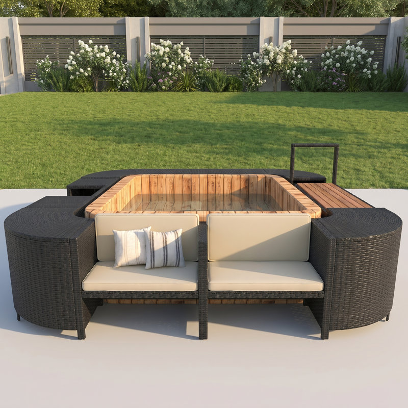Ensemble de canapé modulaire en rotin gris avec rangement et mini canapé pour la relaxation du spa extérieur, Beige