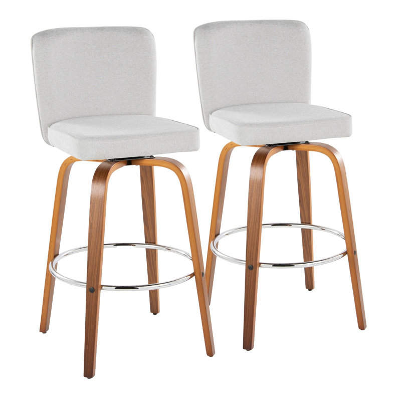 Henry 30" Contemporary Fixed-Height Xl Barstool With Swivel In Walnut Wood And Fabric With Round Chrome Metal Footrest By Lumisource - Set Of 2
