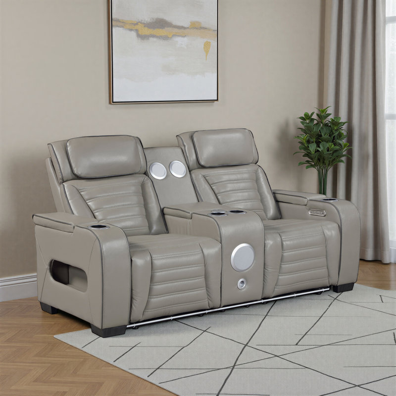 Eshan 73" Modern & Contemporary Top Grain Leather Power Double Reclining Loveseat with Wireless Speakers, Air Massage, Heat & Dual Center Consoles