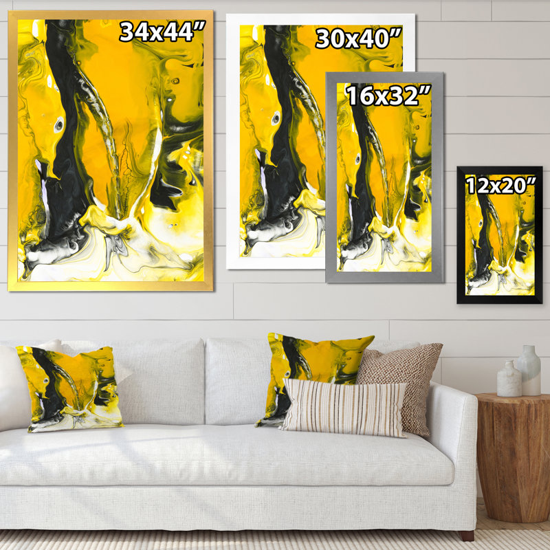 Jaune jaune, noir et blanc liquide Art VII - peinture sur toile, H 20 po x l 12 po x P 1 po, Cadre de coin argenté fermé