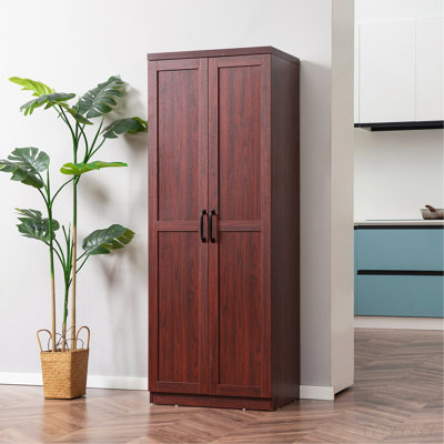 63" 2-Door Kitchen Pantry, Freestanding Storage Cabinet With 5-Tier Shelving And 2 Adjustable Shelves For Dining Room, Cherry Wood Color