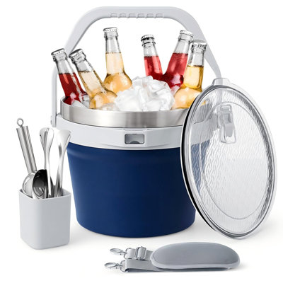 Double Wall Ice Bucket for Parties with Lid and Scoop & Tongs, Insulated Vacuum Ice Buckets with Handle and Adjustable Shoulder Strap, (Blue)