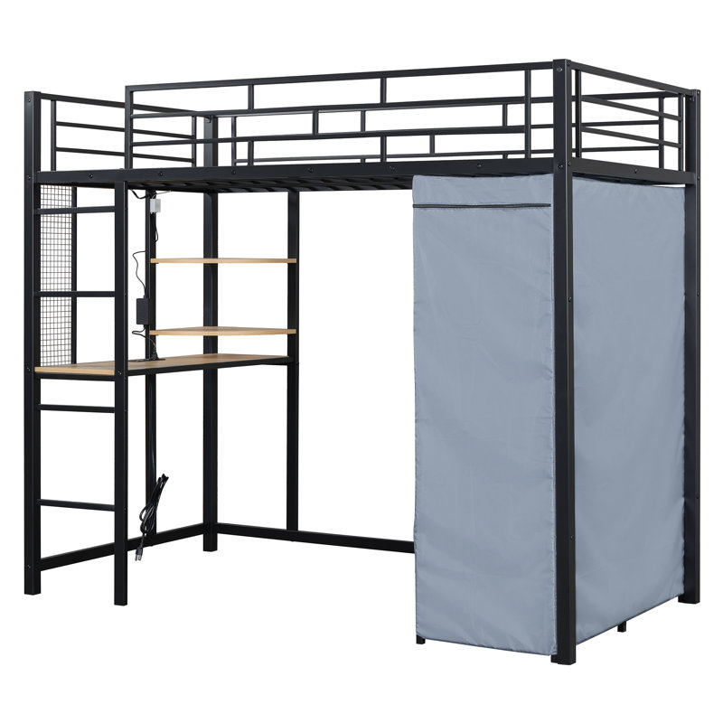 Lit mezzanine en métal avec bureau, tablettes, cadre de lit avec prise de courant et lumière DEL, Noir