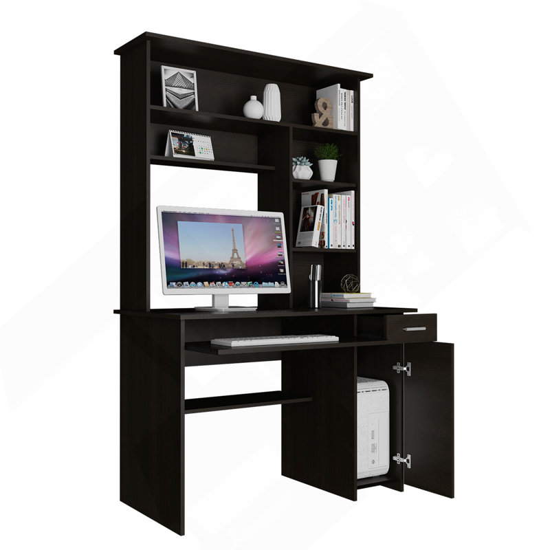 Bureau avec huche, tablettes multiples, plateau à clavier, unité centrale de traitement, tiroir - noir, Noir