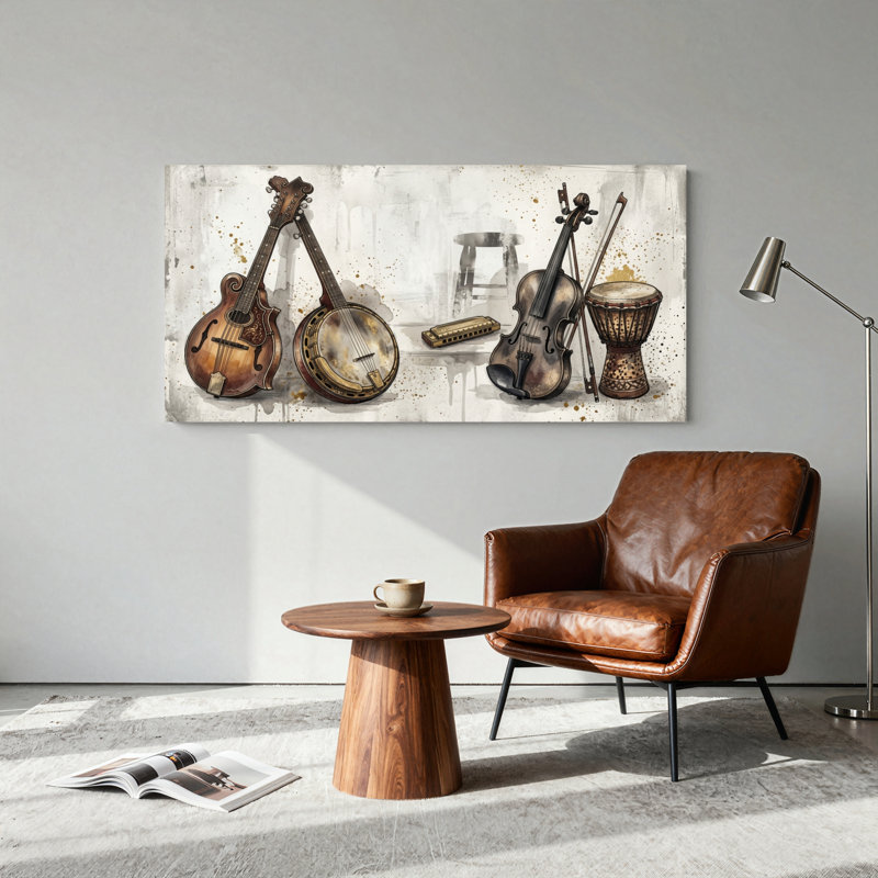 Ensemble de 1 tableau sur toile représentant des instruments de musique, L 32 po x H 16 po, Toile tendue