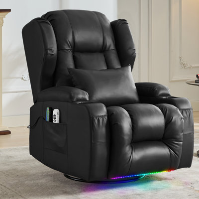 Vegan Leather Power Swivel Rocker Recliner Chair Home Theater Seating with LED Light and Cup Holder -  Wrought Studio™, E89B9BBBA0634387A7E5E47413833D67