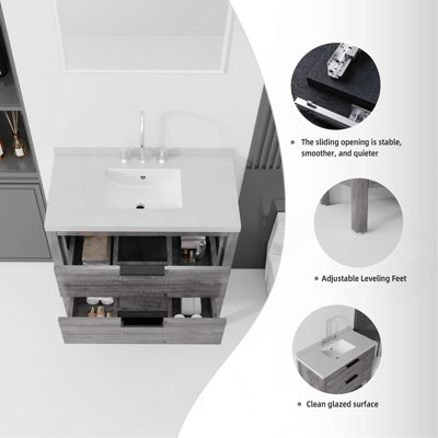 Meuble-lavabo autoportant de 91 cm (36 po) avec lavabo, tiroir à fermeture amortie, comptoir et dosseret en marbre synthétique blanc granité de 5 cm (2 po), contreplaqué