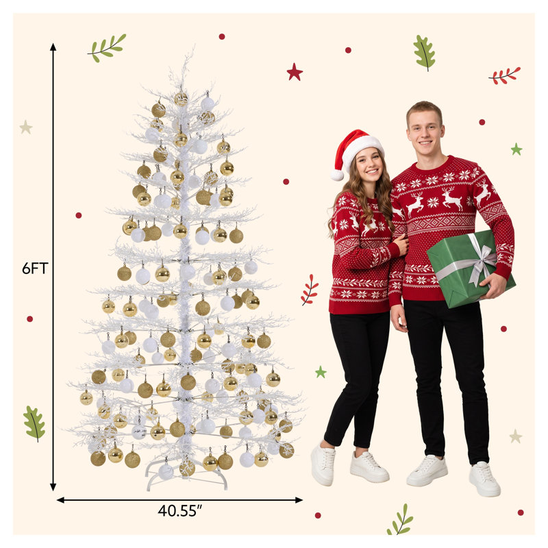 Sapin de Noël artificiel illuminé 6 pi, sapin de Noël articulé avec 600 lumières DEL blanc chaud et 150 boules décoratives, 253 pointes en PE arbre de Noël blanc pour la décoration intérieure