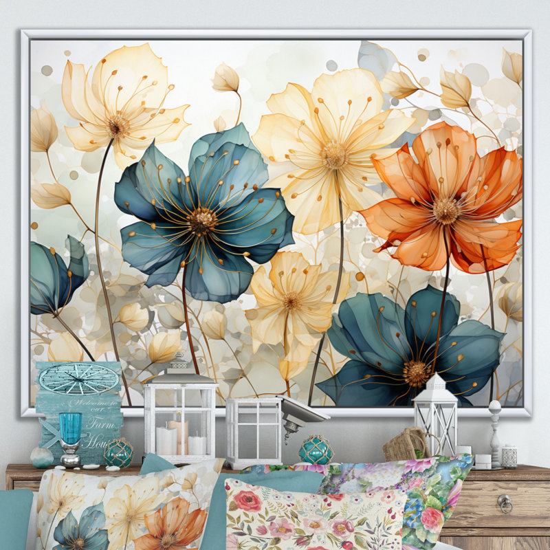 «Teal Orange Petal Mosaics I», art mural abstrait botanique pour le salon, H 12 po x l 20 po, Blanc