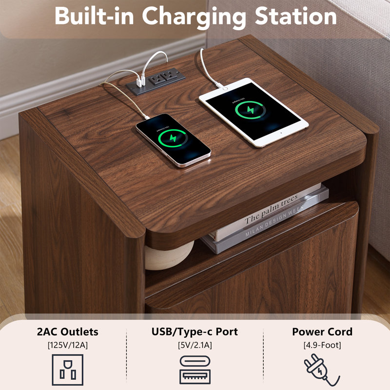 23'' Nightstand with Charging Station, Bedside Table with Storage and Open Shelves, Brown