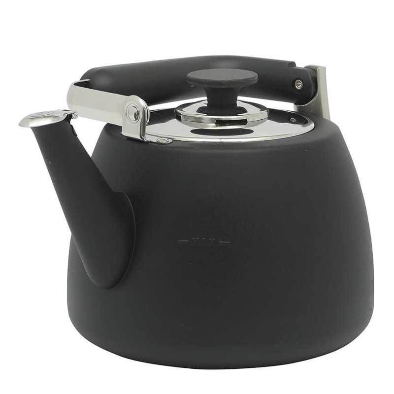 Large Brushed Stainless Steel Whistling Tea Kettle with Black Handle
