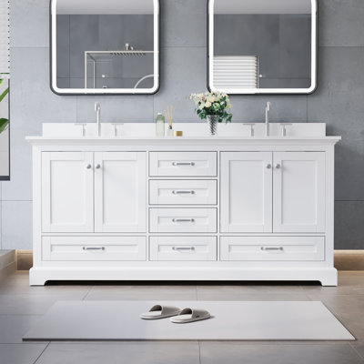 Meuble-lavabo à cadre en bois massif l 72 po x H 34,2 po avec comptoir en marbre blanc pur et double lavabo, blanc