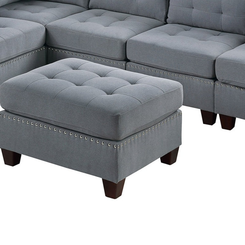 Ensemble de salon modulaire contemporain modulaire 7 pièces Mobilier de salon en L gris capitonné en tissu d'ameublement avec têtes de clous capitonnés 2X coin 3X fauteuil sans accoudoirs et 2X repose-pieds