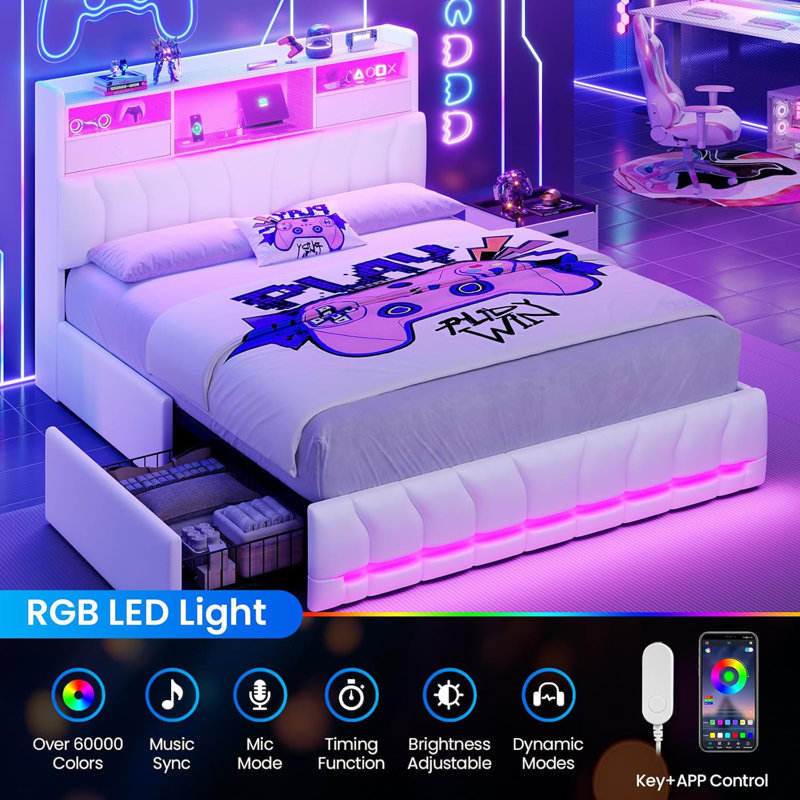 Full-Size Bed Frame With Storage Headboard And Two Large Drawers, Gaming Bed With Rgb Lighting And Charging Station, E-Sports Style Bed, No Spring Mattress Required, White.