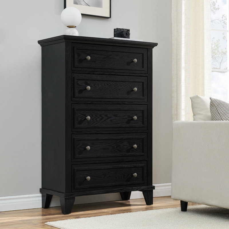 Commode 5 tiroirs en bois, Noir, noir, noir, noir
