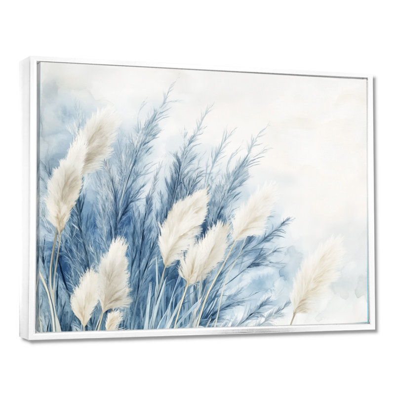 Blue Pampas Calm II - Décoration murale tribale bleue, H 24 po x l 32 po, Cadre flottant blanc