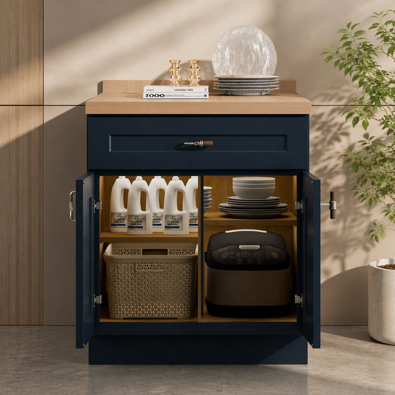 Armoire de base 18 po bleu marine Shaker avec porte à fermeture en douceur, tiroir, unité compacte en bois massif avec tablette réglable pour la cuisine, la salle de bain, la buanderie, le garage (l 18 po x P 24 po x H 34,5 po)