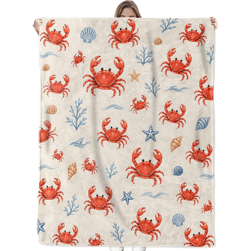 Couverture en flanelle à motif crabe, coquillage et corail, 152 x 203 cm, 15.75" L x 16.54" W
