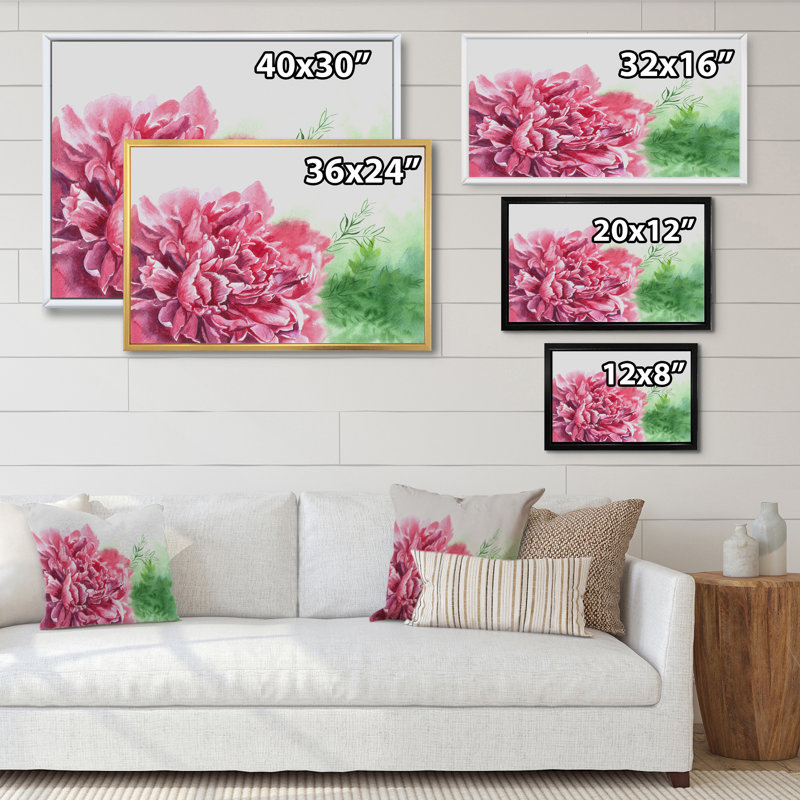 Aquarelle, pivoines roses III - reproduction sur toile flottante, H 16 po x l 32 po x P 1 po, Cadre flottant doré