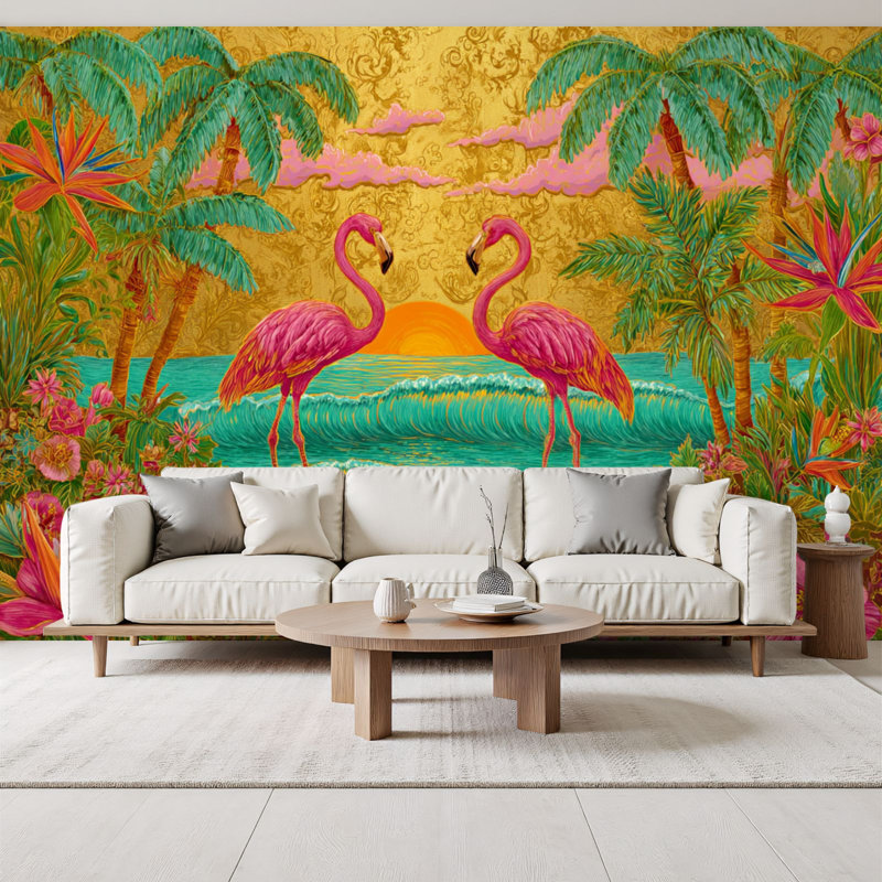 Papier peint adhésif Flamingo Serene Tropical Flamingo, L 96 po x l 69 po
