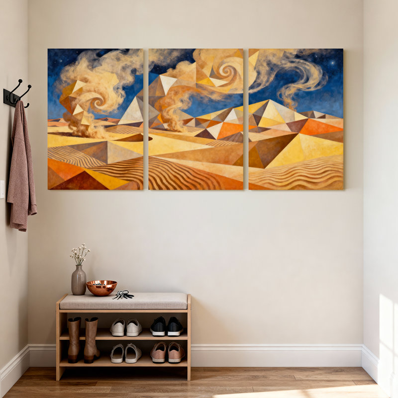 Ensemble de 3 tableaux muraux géométriques sur toile représentant un paysage désertique, H 18 po x l 36 po