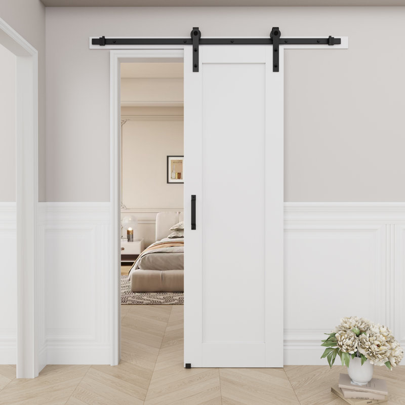 96" White Primed MDF Sliding Barn Door with Black Hardware Kit
