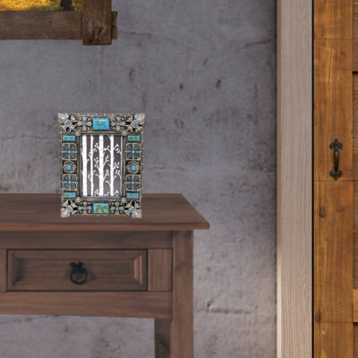 Résine unique cadre photo sud-ouest rectangulaire de pierres précieuses turquoise (4 x 6) - cadre de table rustique de décoration amérindienne