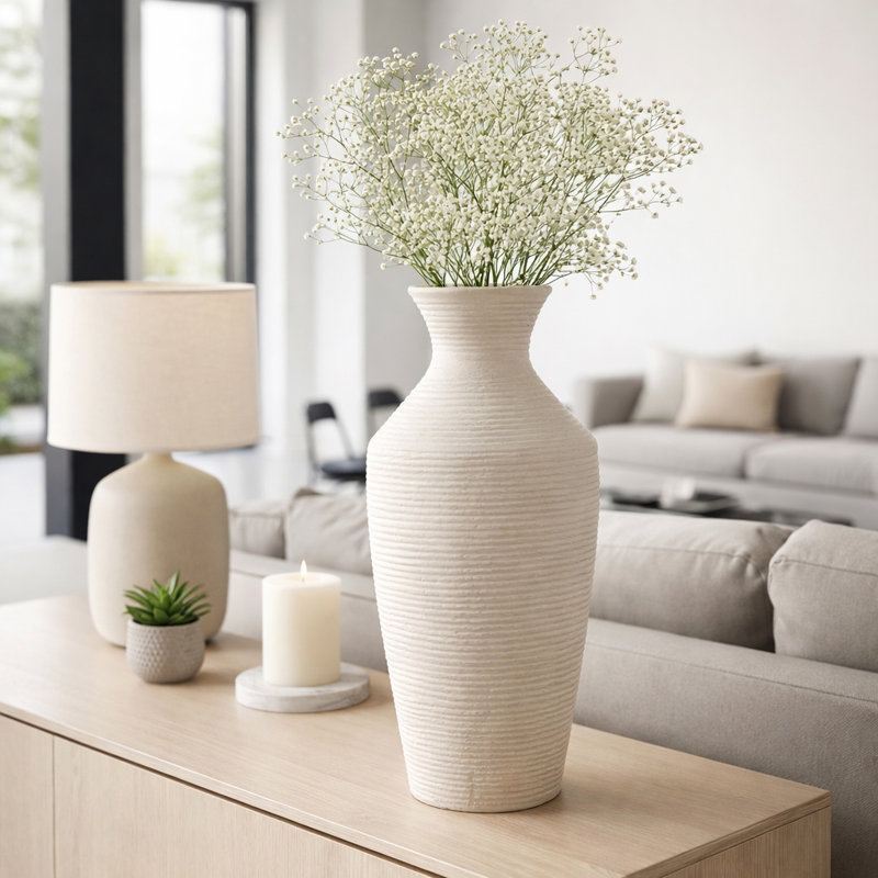 Sculptural Ribbed Paper Mache Table Vase For Home Decor - Stylish Tall Flower Vase For Living Room, Bedroom, Or Office Decor - Ivory & White