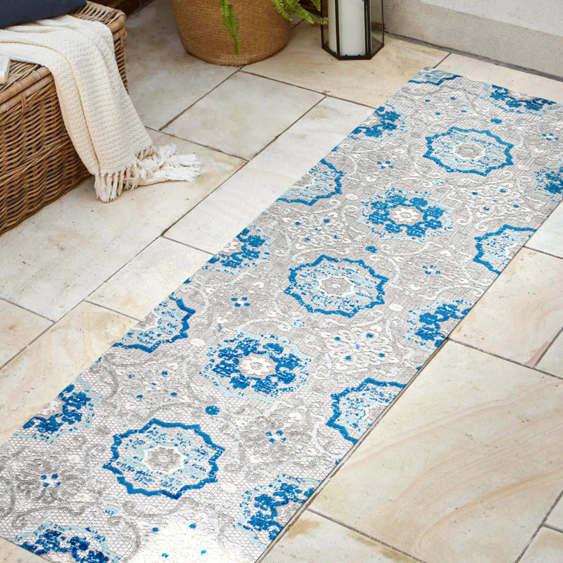 Leto Medallion Blue/Gray Indoor/Outdoor Rug, Runner 2'3" x 10'