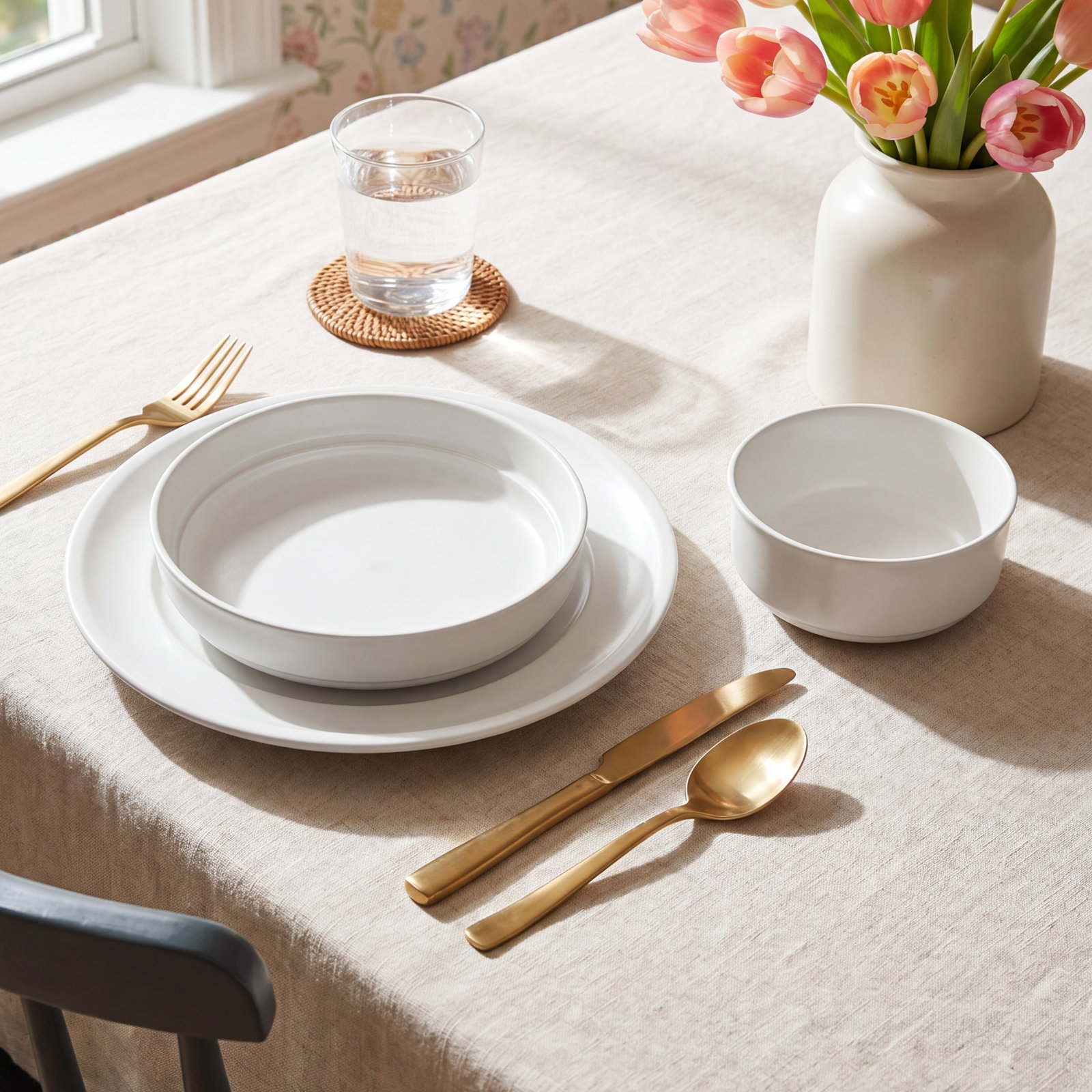 over&back Rimmed 12-Piece Semi Hand-Finished Stoneware Dinnerware Set, Service for 4, White