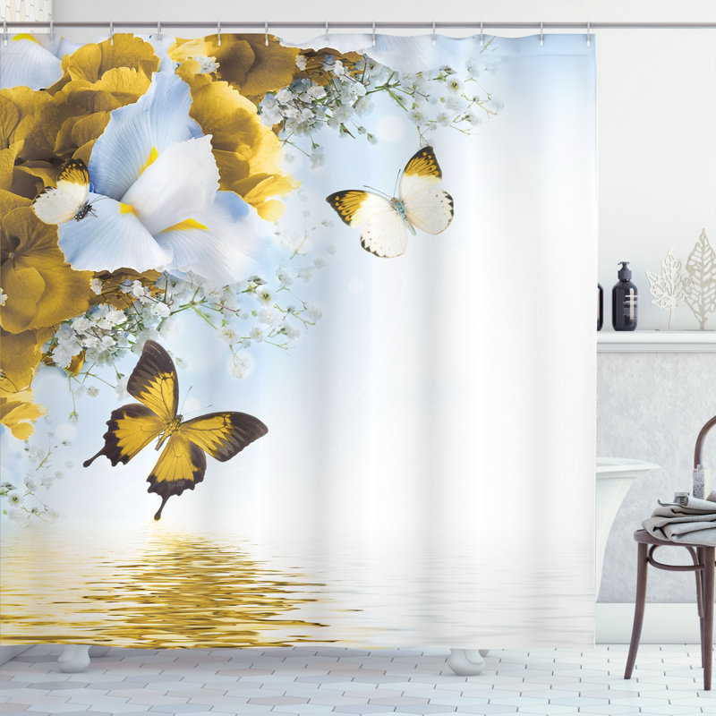 Ensemble de rideau de douche floral et crochets, H 84 po x l 69 po, Jaune terre