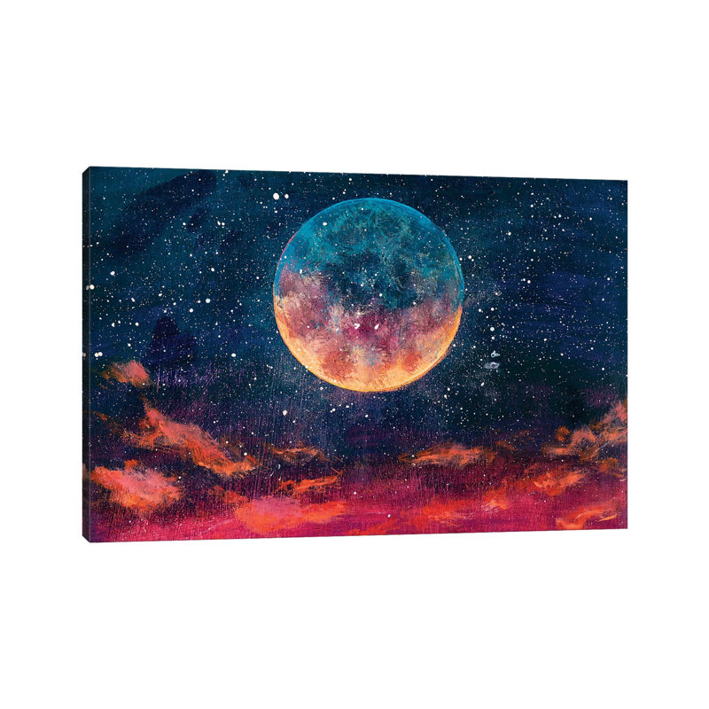 Moon Among Stars In Universe by Valery Rybakow - Painting on Canvas, 20.32 cm H x 30.48 cm W, Wrapped Canvas