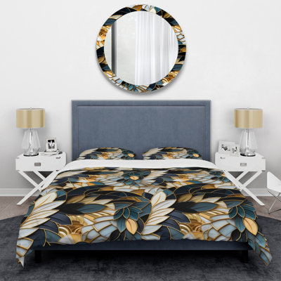 Ensemble de housse de couette riche en mosaïque de marbre bleu et doré