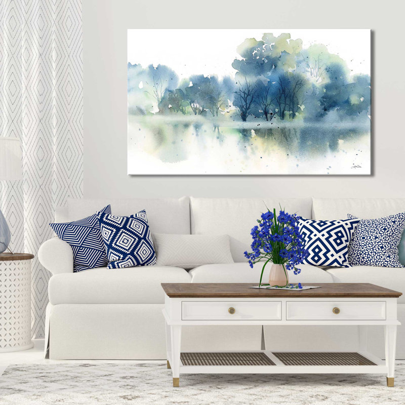 «Blue Pond Reflections» par Katrina Pete - Peinture, Toile tendue, H 36 po x l 60 po x P 1,5 po