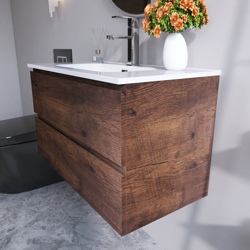 Meuble-lavabo flottant 30 po avec lavabo en céramique blanche et grand rangement blanc brillant, Brun, 36"