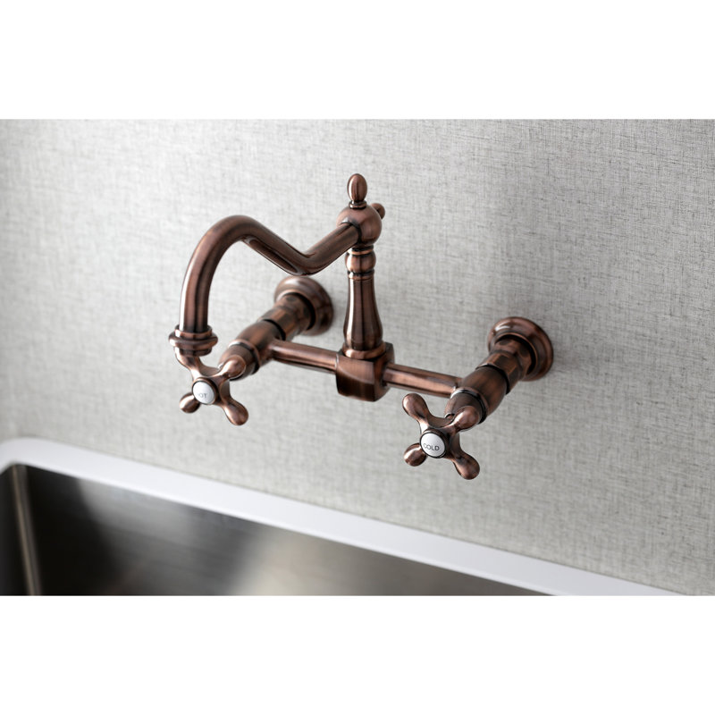 Kingston Brass Heritage Double-Handle 2-Hole Wall-Mount Bridge Kitchen Faucet, Antique Copper