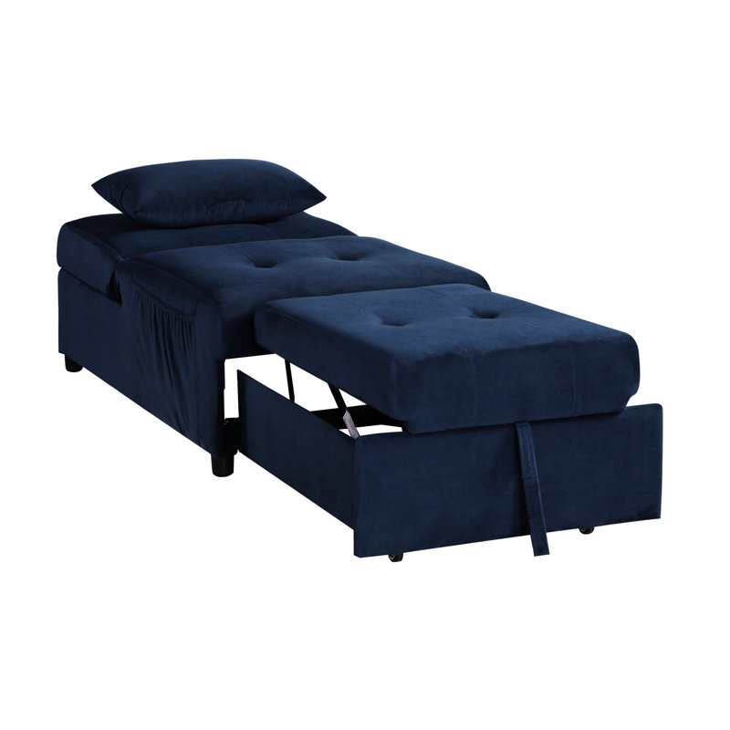 Banc de rangement moderne avec lit escamotable en velours bleu foncé - fabrication en bois massif et housse de coussin lombaire confortable