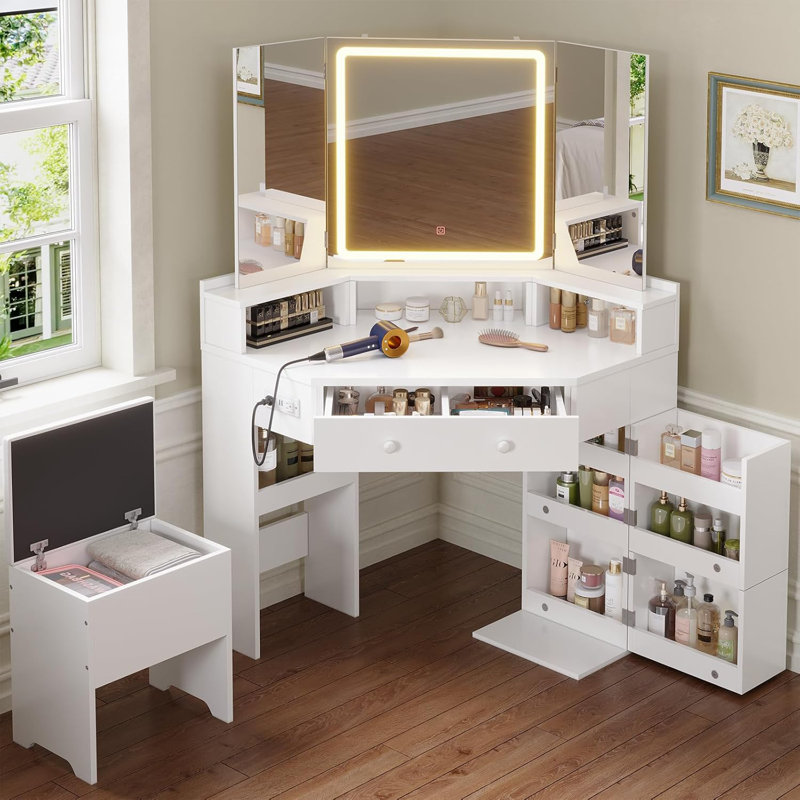 3 - Fold Lighted Makeup Vanity Set with Mirror and Cabinets, White