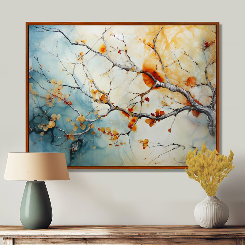 Orange, bleu sarcelle, érable brillant, agate I - arbre érable, art mural, H 34 po x l 44 po x P 1,5 po, Brown Floater Framed