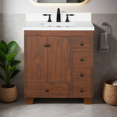 Meuble-lavabo 30 po avec lavabo Lavanti Depos - 100% bois massif de première qualité, meuble-lavabo élégant en noyer avec meuble de rangement